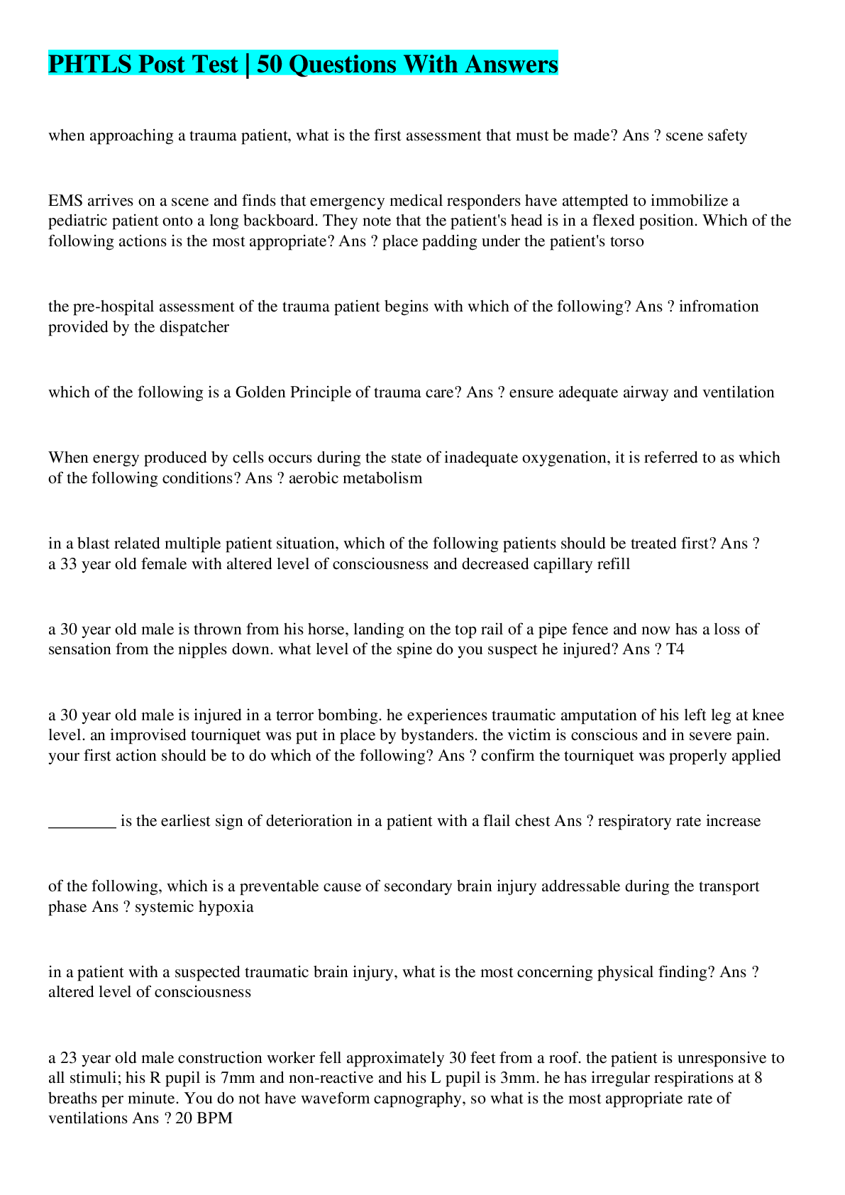 PHTLS Post Test 50 Questions With Answers